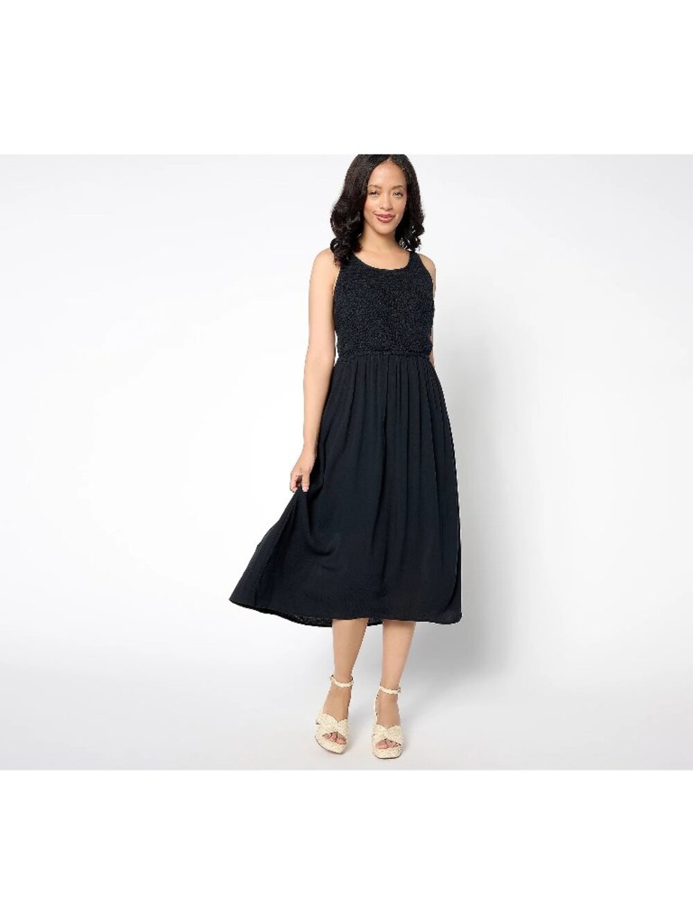 Destination 365 Dress Medium Regular Crinkle Chiffon Crochet Maxi Black Boho NEW